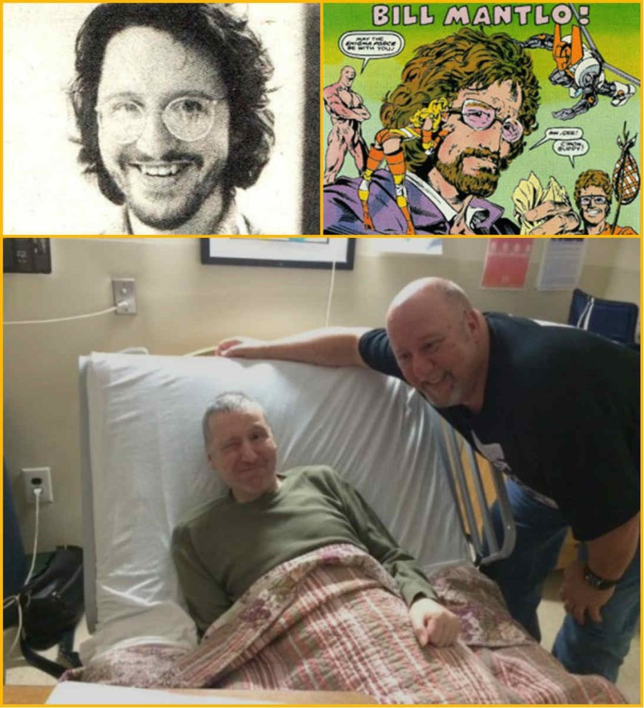 (1) Bill Mantlo no auge de sua carreira; (2) Mantlo em quadrinhos, cercado de seus personagens e (3) Mantlo hoje, tragicamente preso a uma cama de hospital.