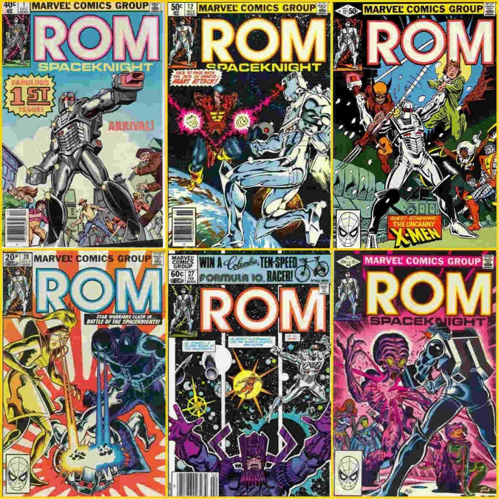 No sentido horário: (1) Rom #1; (2) Rom e Valete de Copas; (3) Rom e os X-Men; (4) Rom sendo atacado pela primeira versão de Starshine e pelo Exterminador; (5) Rom e Galactus e (6) Rom e O Híbrido (além da Irmandade de Mutantes.