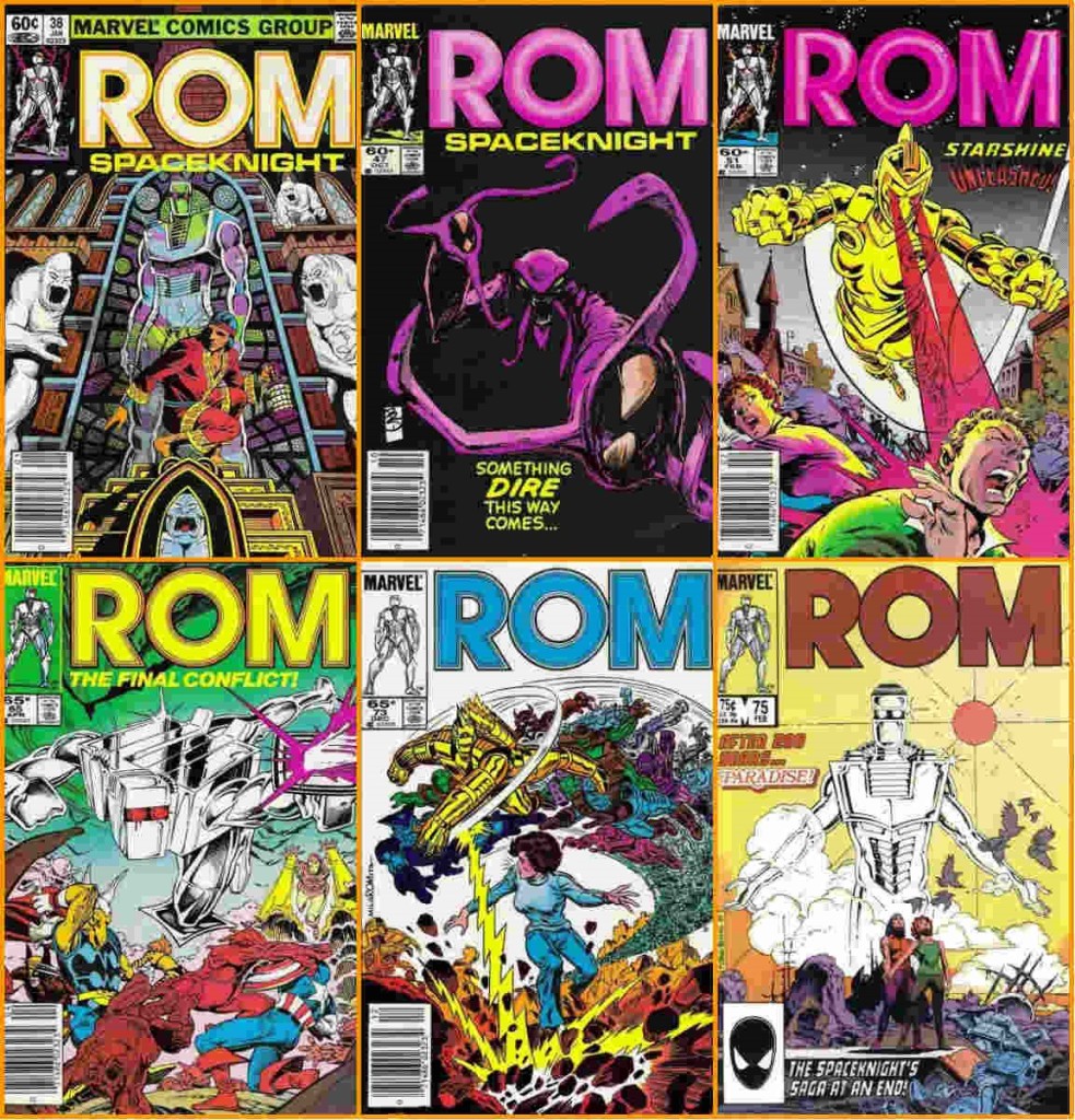 No sentido horário: (1) Rom e Shang-Chi; (2) Espectro fêmea; (3) Starshine na versão Brandy Clark; (4) Rom #65, onde acontece a batalha final na Terra contra os Espectros e o momento em que a série deveria ter acabado; (5) Brandy Clark sendo atacada pela nova geração de Cavaleiros do Espaço e (6) Rom #75, número final.