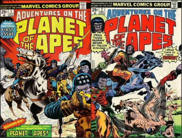 As capas das duas primeiras edições de Adventures on the Planet of the Apes, que republicaram a adaptação à cores.